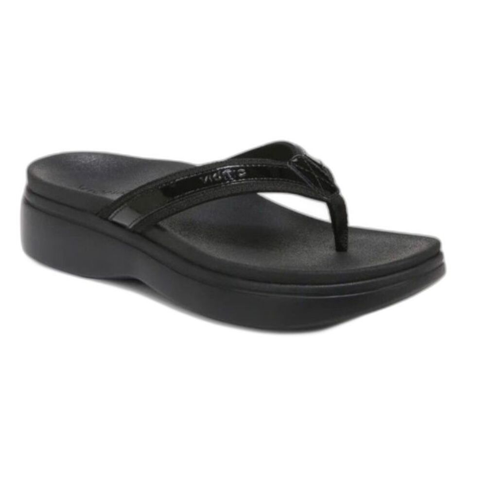 Vionic Black High Tide II Patent Leather Platform Toe Post Sandal Size 9